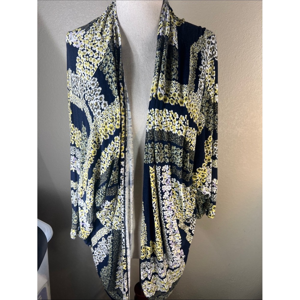 Est 1946 Womens Navy Yellow Floral Patchwork Open Front Draped Cardigan Size M